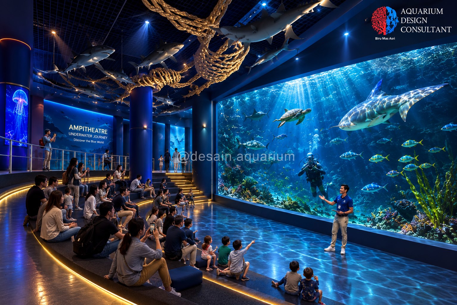 Amphitheatre akuarium publik dengan panel pandang raksasa dan pengunjung menyaksikan biota laut